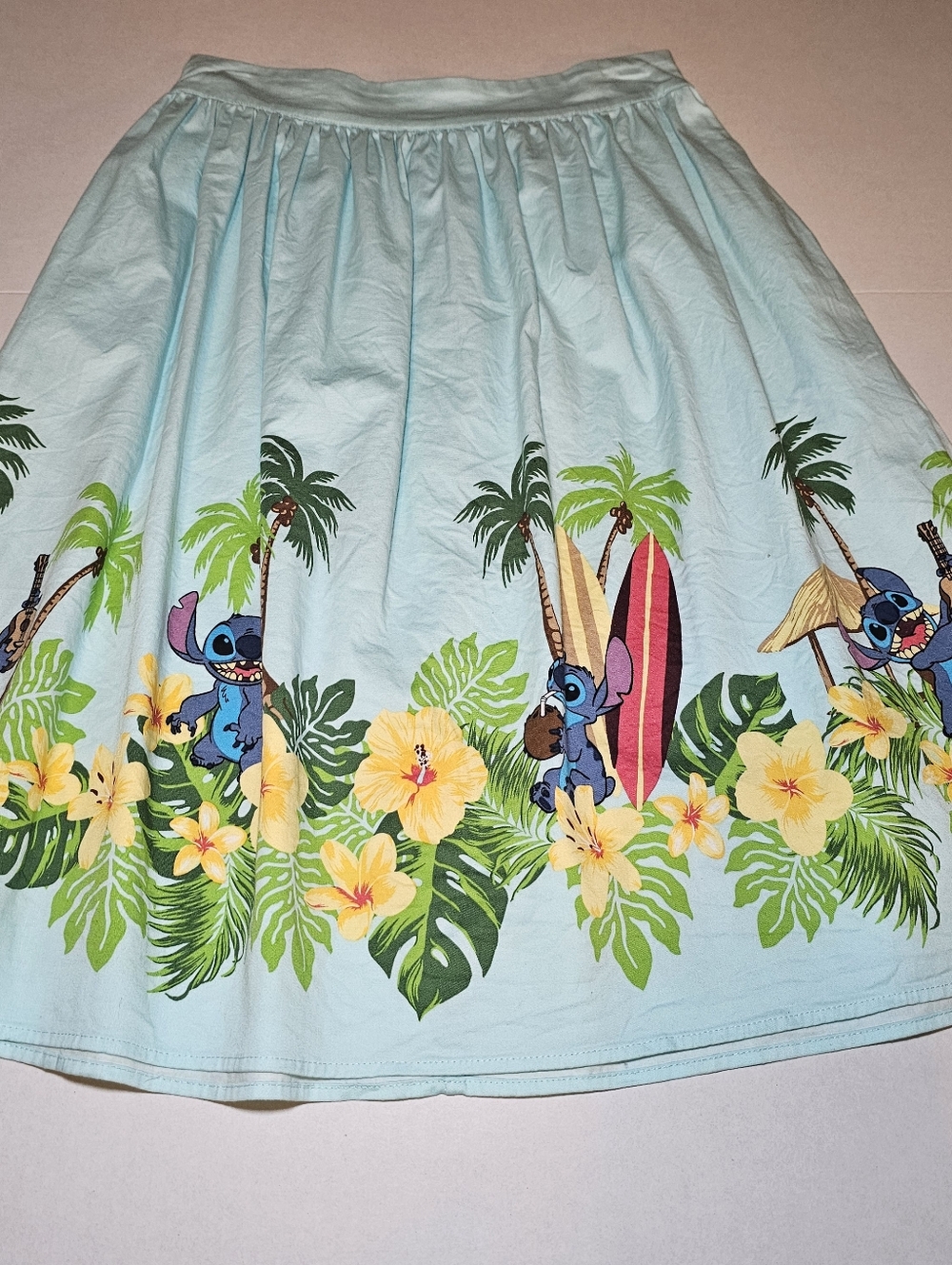 Disney Lilo and Stitch Hawaiian Skirt Blue Palm Tree Surf Hibiscus Sz Small